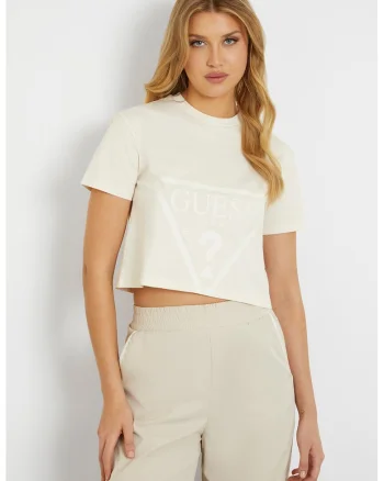 Tricou crop pentru fitness Adele, Alb fildes/Bej deschis