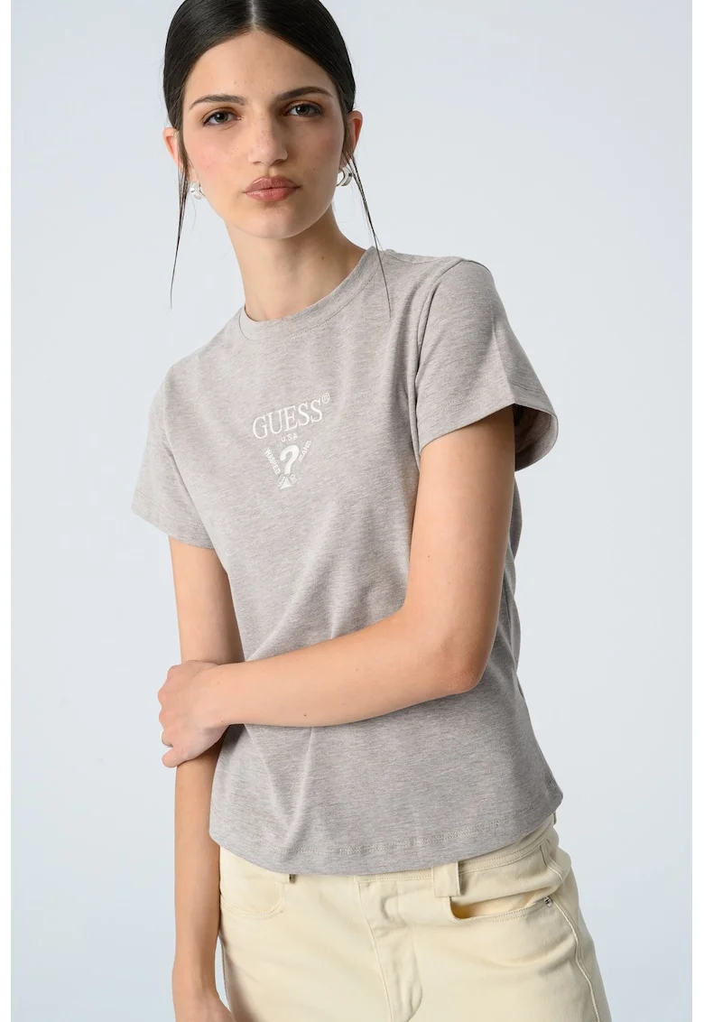 Tricou cu logo brodat pe piept, Maro deschis