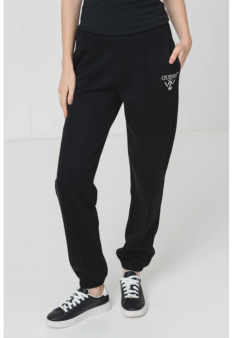 Pantaloni de trening cu logo brodat, Negru/Alb optic