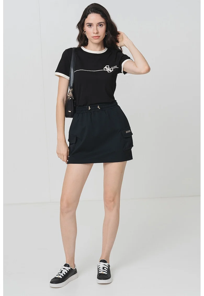 Tricou cu decolteu la baza gatului si imprimeu logo, Negru/Crem