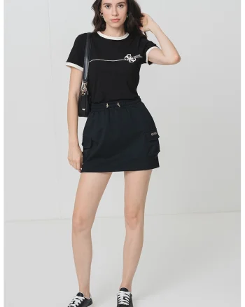 Tricou cu decolteu la baza gatului si imprimeu logo, Negru/Crem