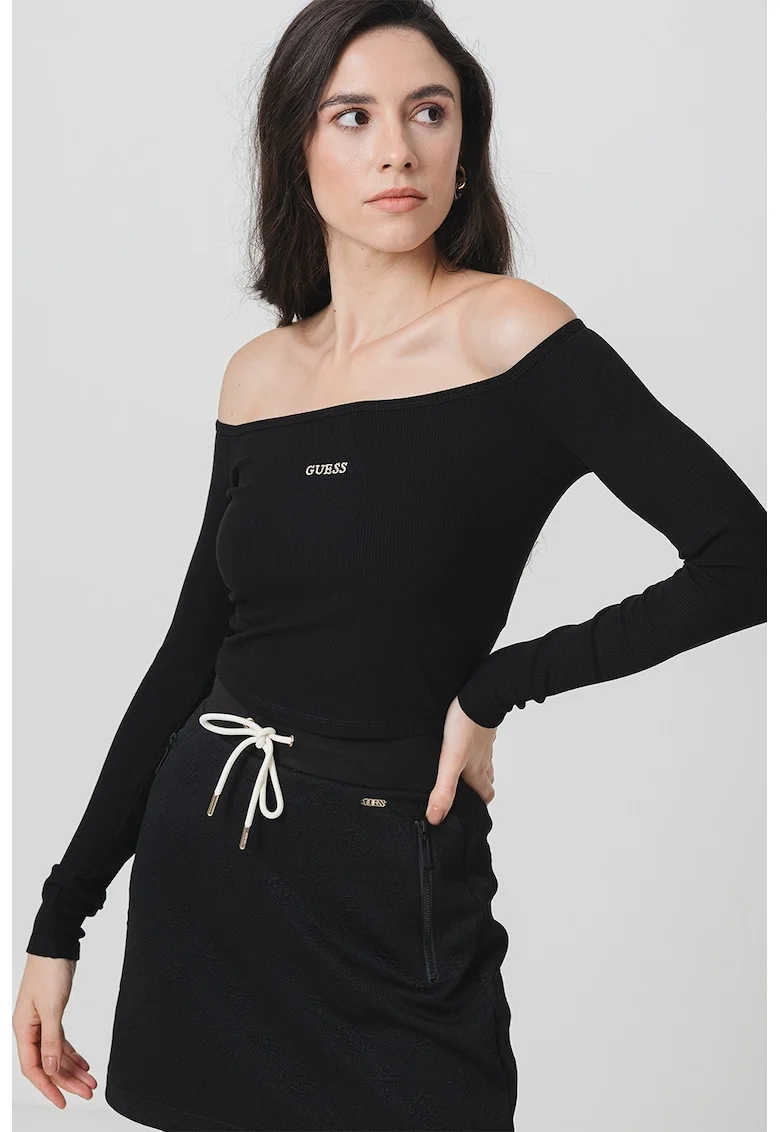Bluza crop cu decolteu pe umeri, Negru/Alb murdar