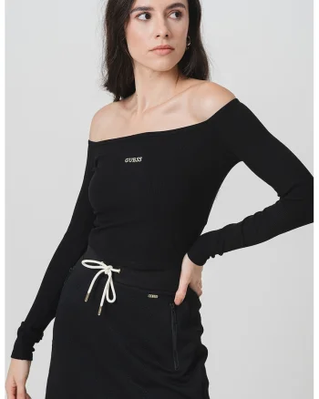 Bluza crop cu decolteu pe umeri, Negru/Alb murdar