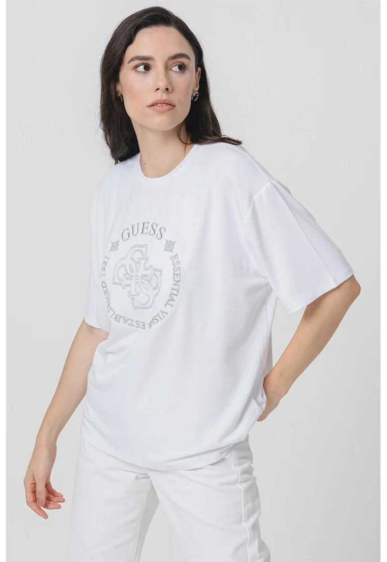Tricou supradimensionat cu logo brodat, Alb optic/Argintiu