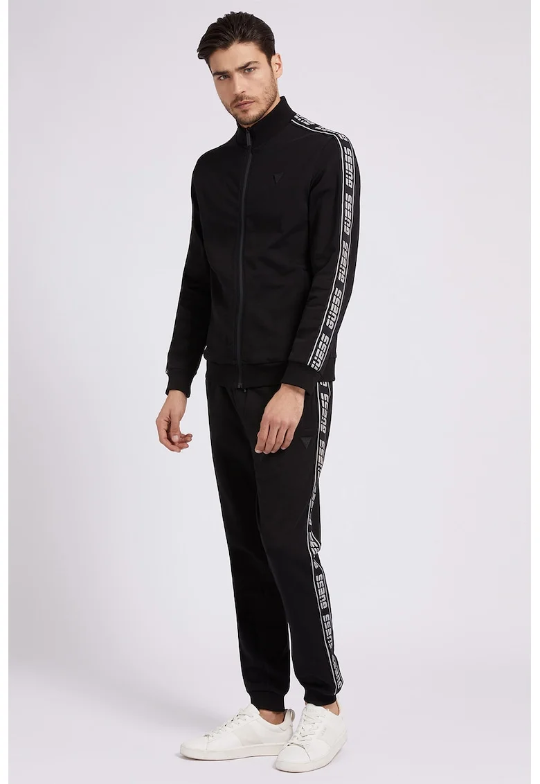 Pantaloni de trening cu benzi logo laterale si snur, Alb/Negru