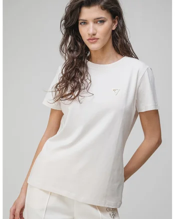 Tricou cu decolteu la baza gatului si aplicatie logo discreta, Alb fildes