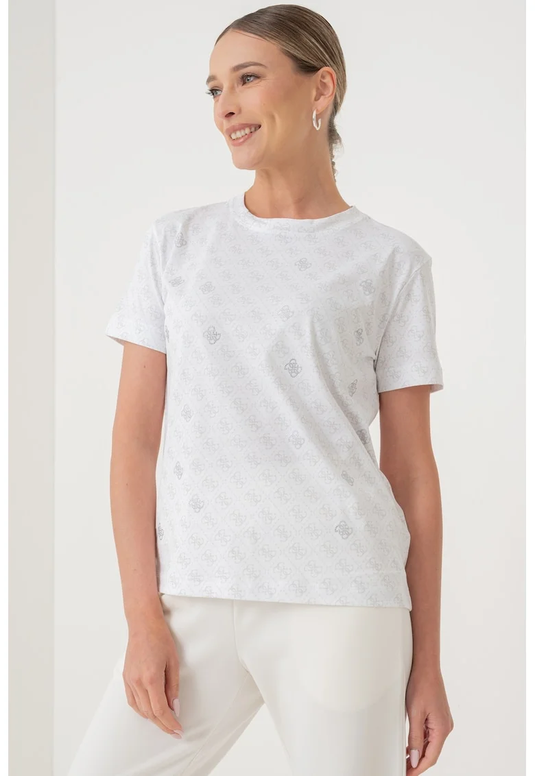 Tricou cu model monograma, Alb/Gri deschis/Argintiu