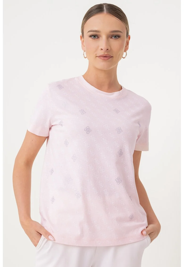 Tricou cu model monograma, Alb/Roz/Argintiu