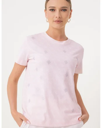 Tricou cu model monograma, Alb/Roz/Argintiu
