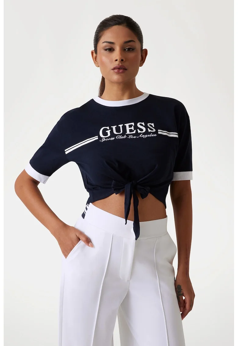 Tricou crop cu imprimeu logo, Alb/Albastru ultramarin