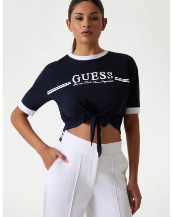 Tricou crop cu imprimeu logo, Alb/Albastru ultramarin