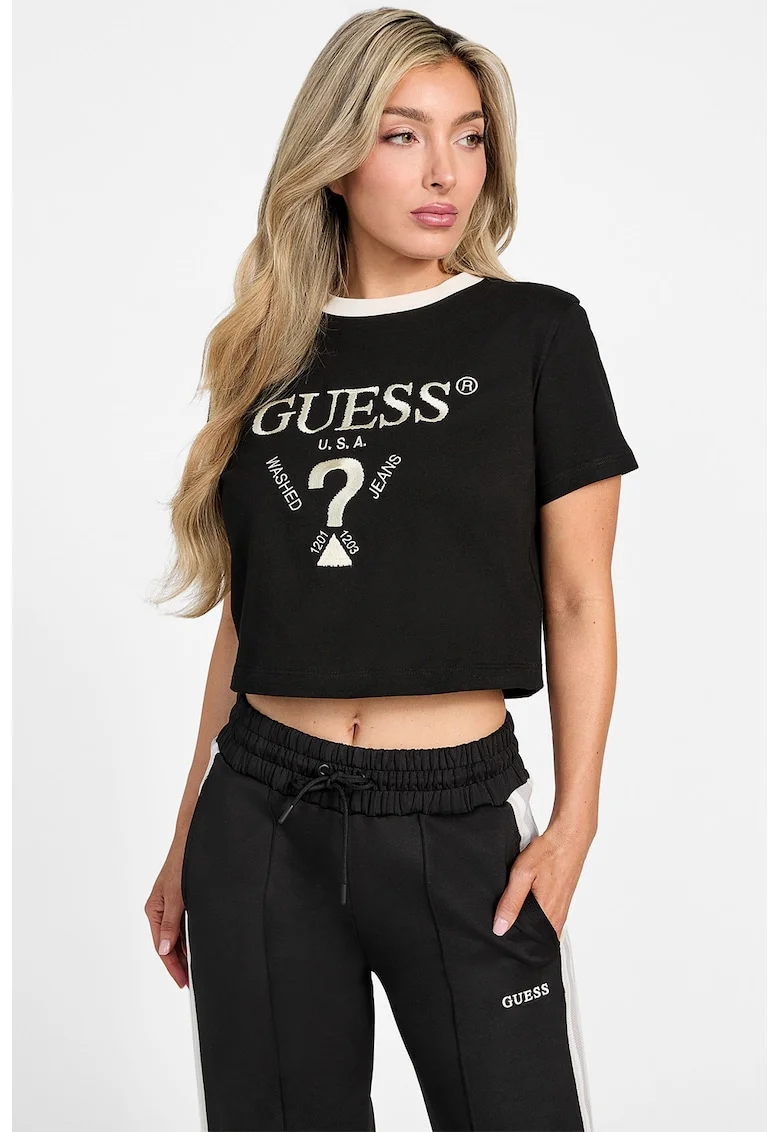 Tricou crop cu logo, pentru fitness, Auriu/Negru