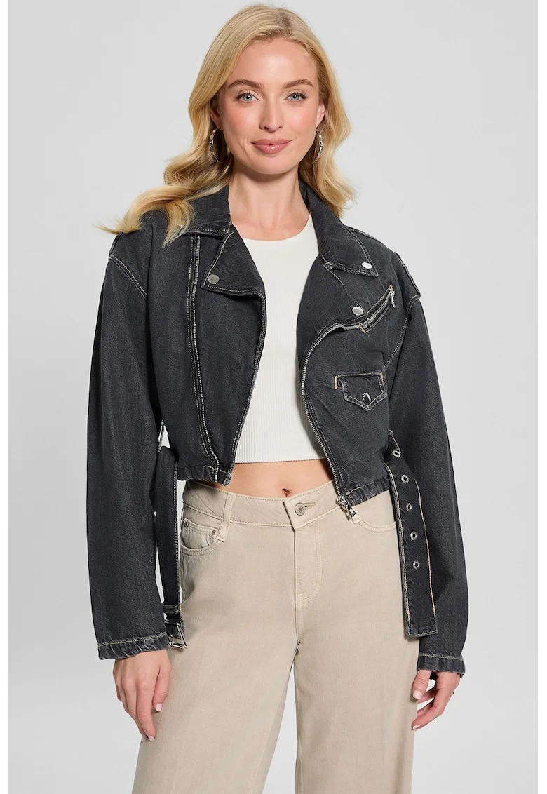 Jacheta crop biker din denim, Gri antracit