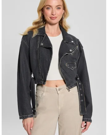Jacheta crop biker din denim, Gri antracit