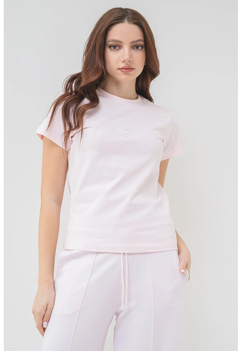 Tricou cu logo brodat pe piept, Roz pal