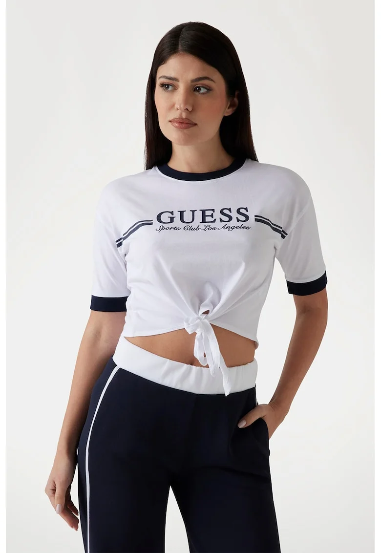 Tricou crop cu imprimeu logo, Alb/Albastru inchis