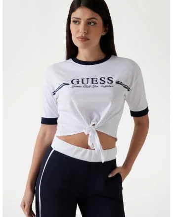 Tricou crop cu imprimeu logo, Alb/Albastru inchis