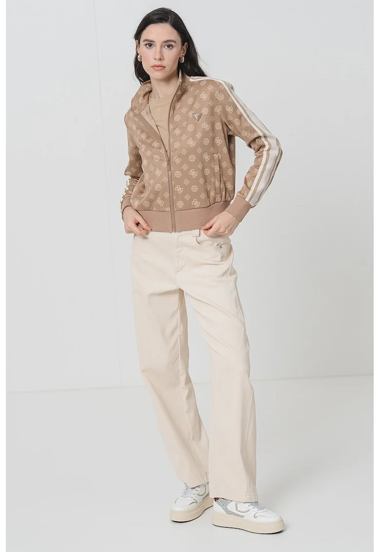 Bluza de trening cu monograma si fermoar, Maro taupe deschis/Crem
