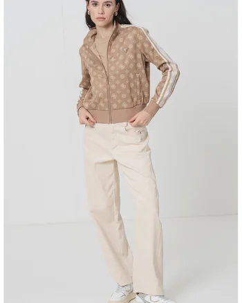 Bluza de trening cu monograma si fermoar, Maro taupe deschis/Crem