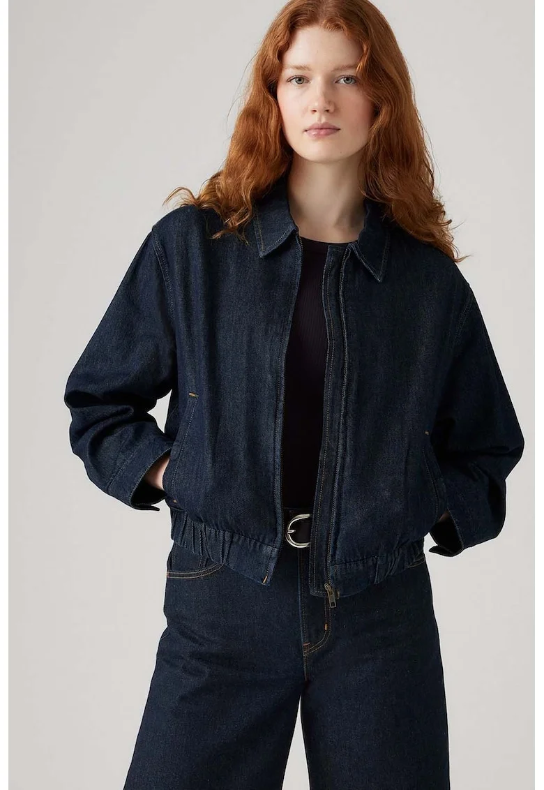 Jacheta din denim cu fermoar si buzunare laterale, Albastru ultramarin