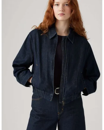 Jacheta din denim cu fermoar si buzunare laterale, Albastru ultramarin