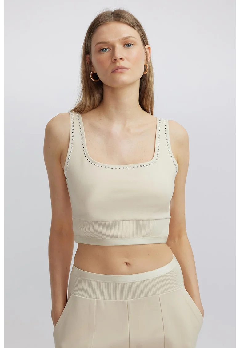 Top crop cu decolteu patrat, Alb fildes/Argintiu
