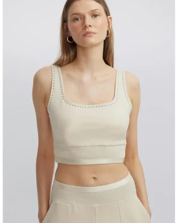 Top crop cu decolteu patrat, Alb fildes/Argintiu