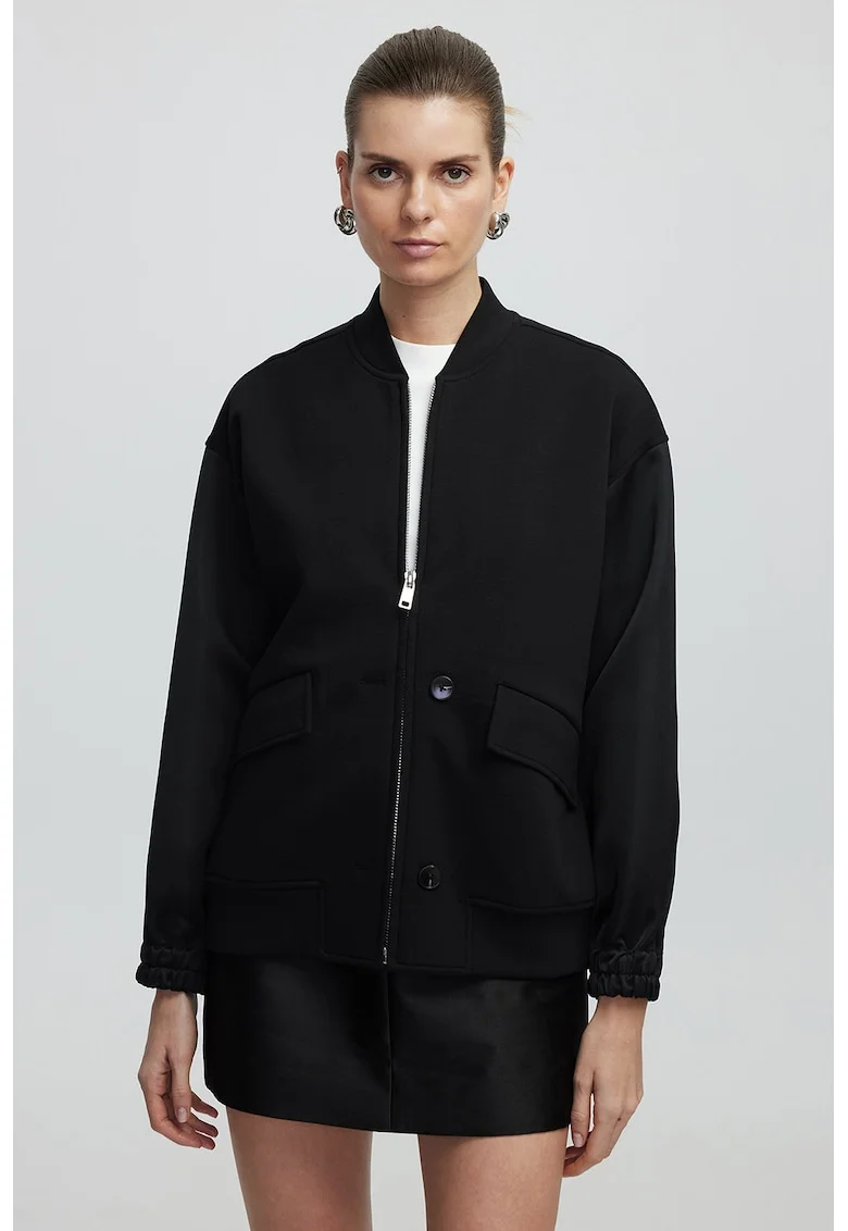 Jacheta bomber cu buzunare cu clapa, Negru