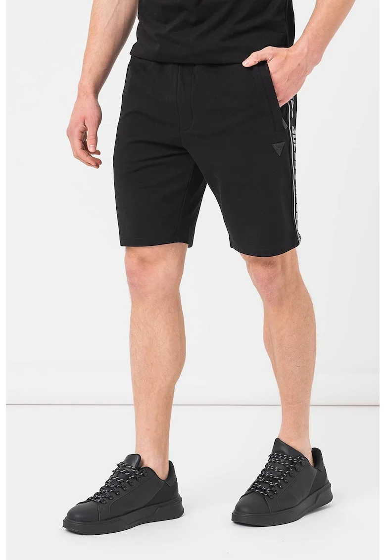 Pantaloni scurti cu benzi logo laterale pentru fitness, Negru