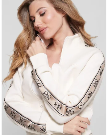 Bluza de trening cu benzi logo si fermoar, Crem