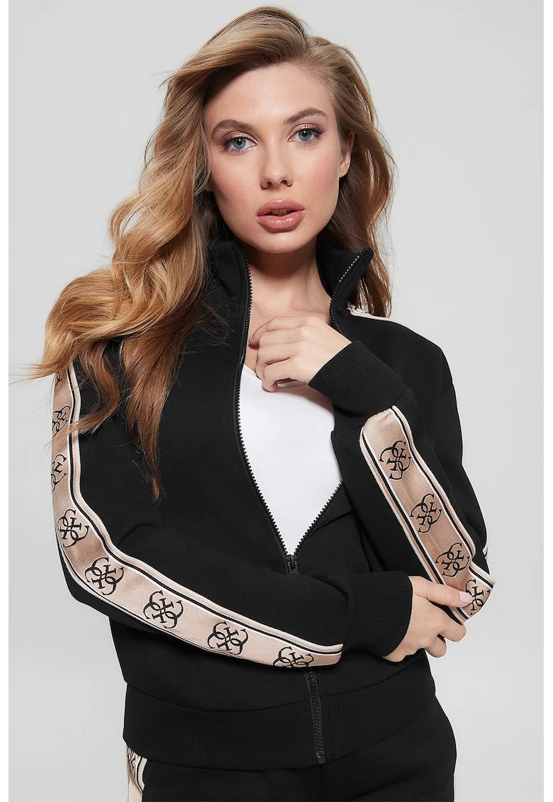 Bluza de trening cu benzi logo si fermoar, Negru