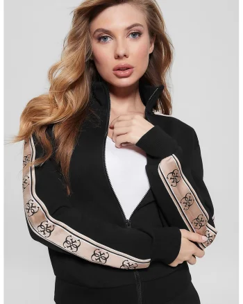 Bluza de trening cu benzi logo si fermoar, Negru