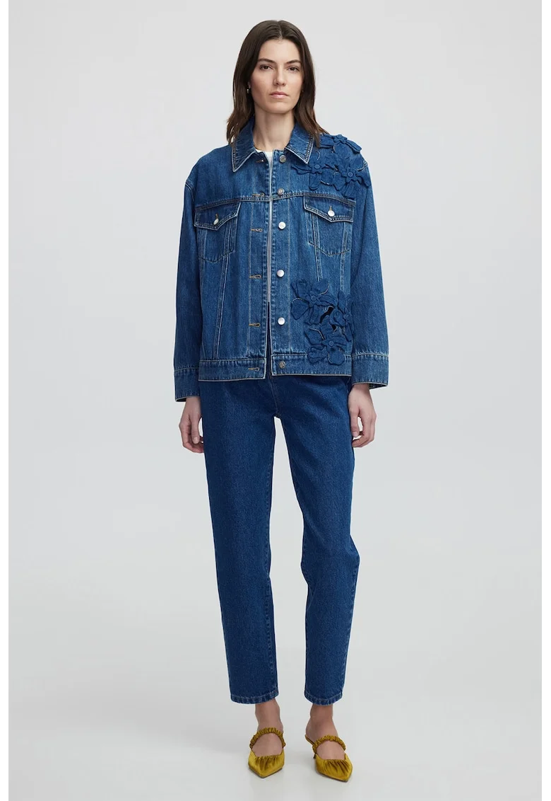 Jacheta lejera din denim cu aplicatii florale, Albastru