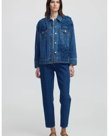 Jacheta lejera din denim cu aplicatii florale, Albastru