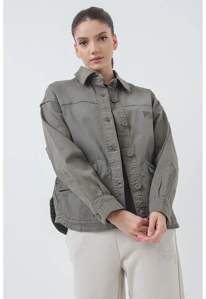 Jacheta-camasa lejers din denim cu maneci cazute, Verde sparanghel