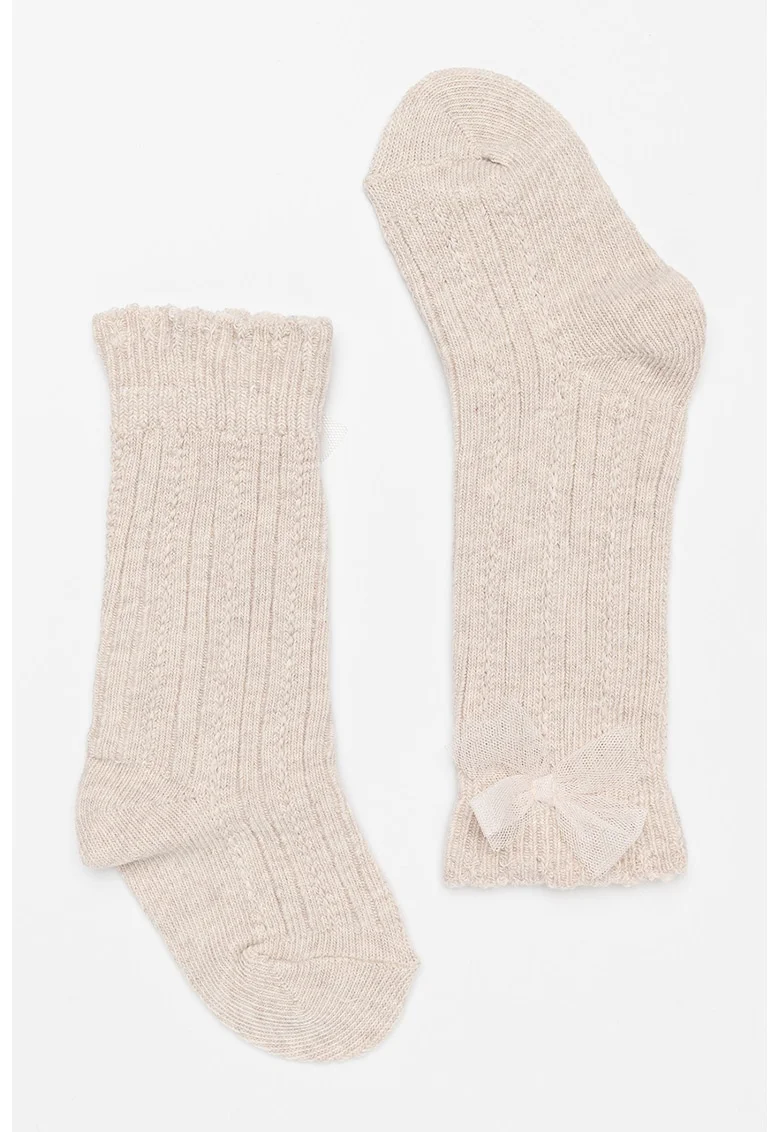 Sosete lungi din tricot cu funda decorativa, Bej melange