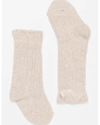 Sosete lungi din tricot cu funda decorativa, Bej melange