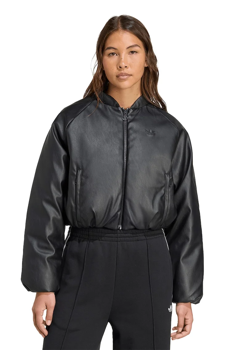 Jacheta crop de piele ecologica, Negru