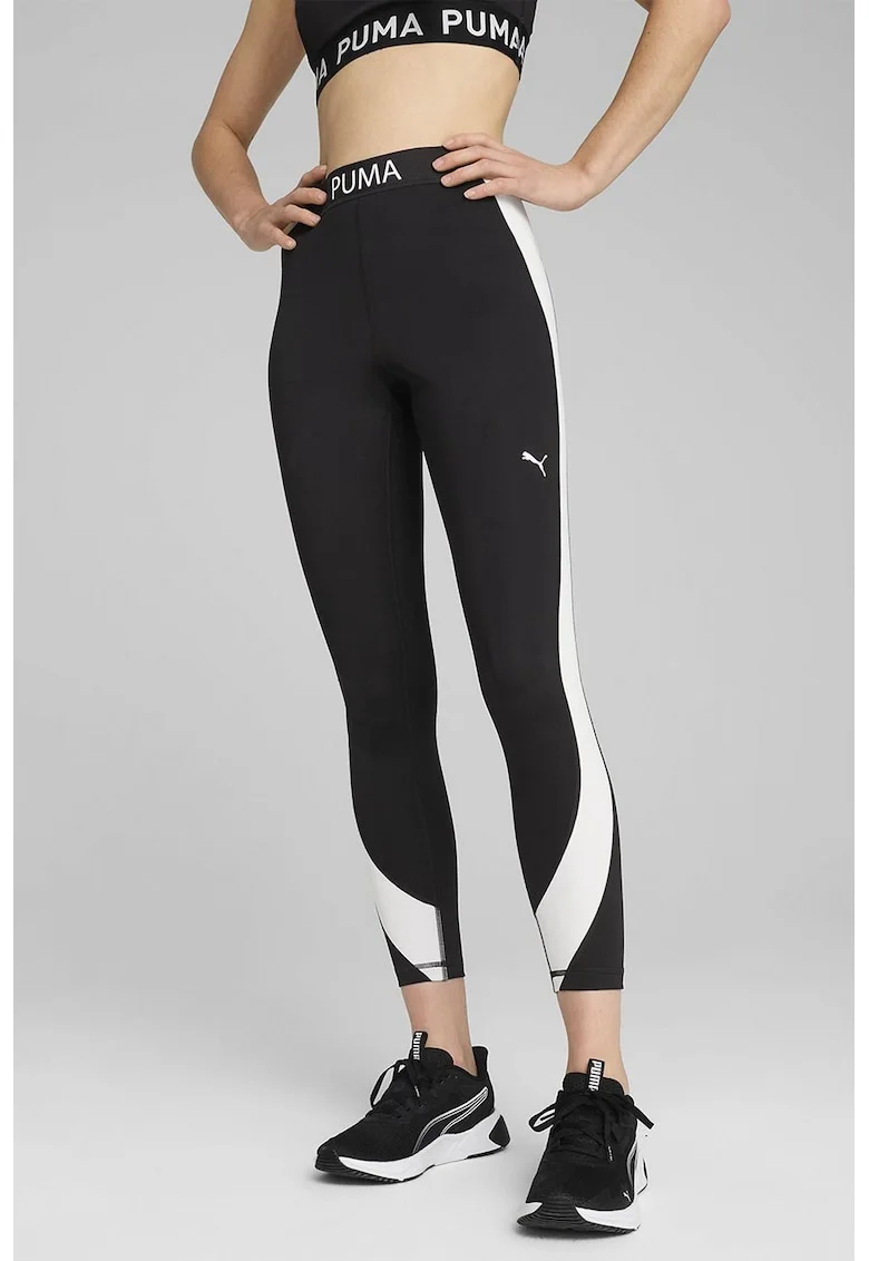Colanti crop cu talie inalta, pentru fitness Strong, Alb/Negru