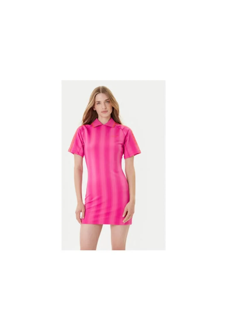 Rochie scurta din poliester cu guler polo si dungi contrastante