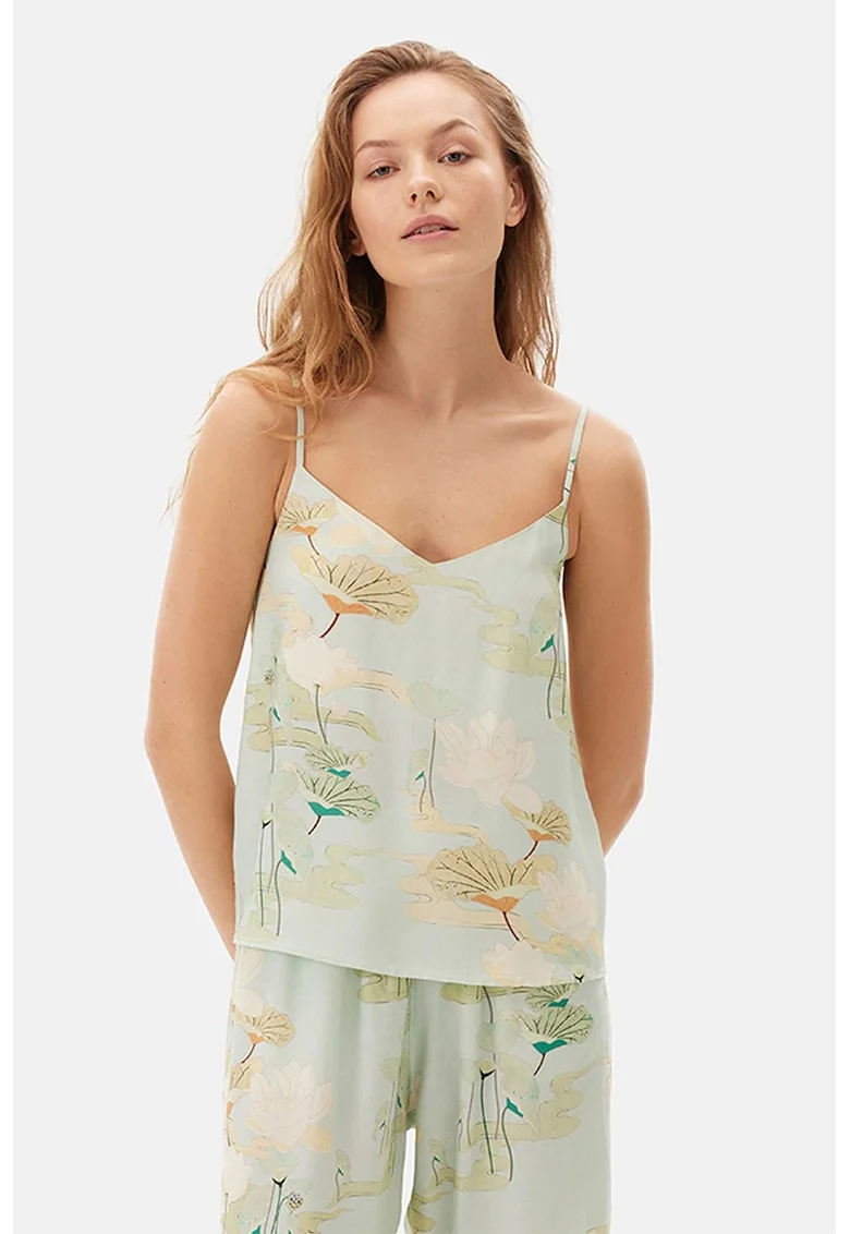 Top cu decolteu in V si model floral, Bej/Verde pal