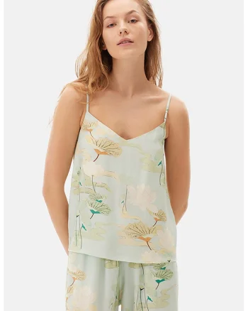 Top cu decolteu in V si model floral, Bej/Verde pal