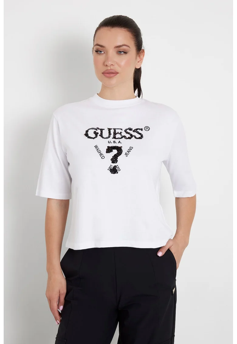 Tricou din bumbac cu paiete pentru antrenament, Alb/Negru