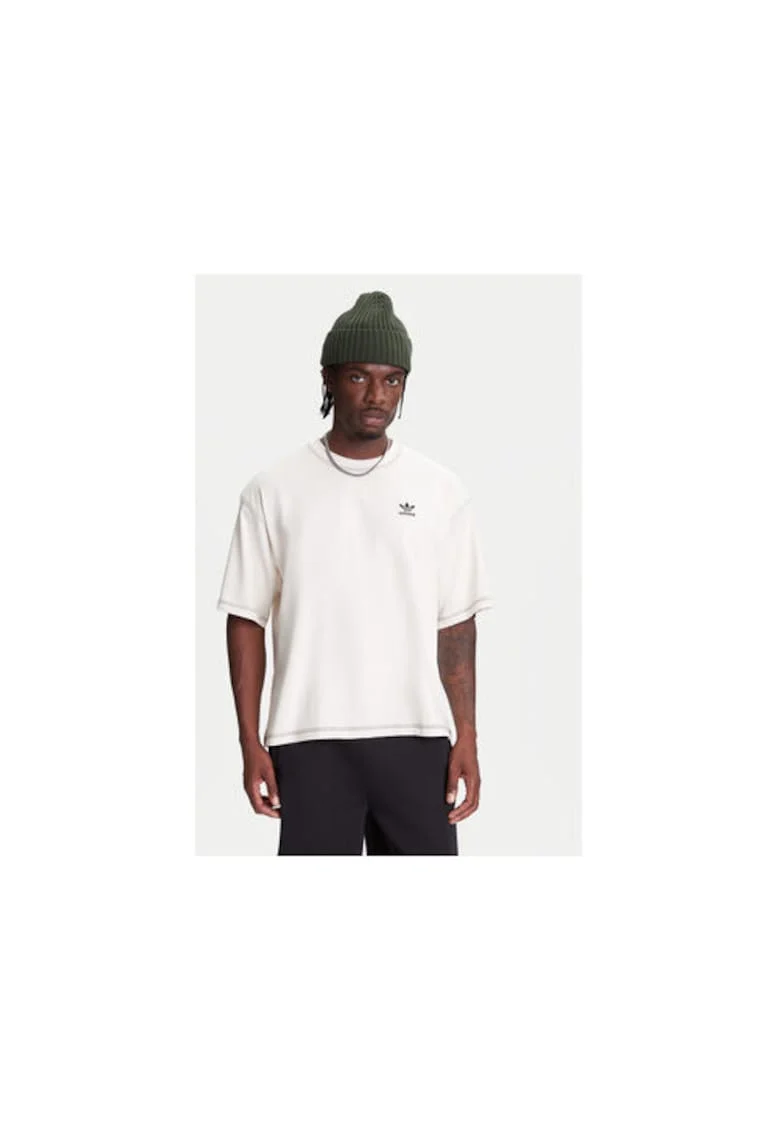 Tricou din bumbac cu logo, maneci cazute si decolteu la baza gatului