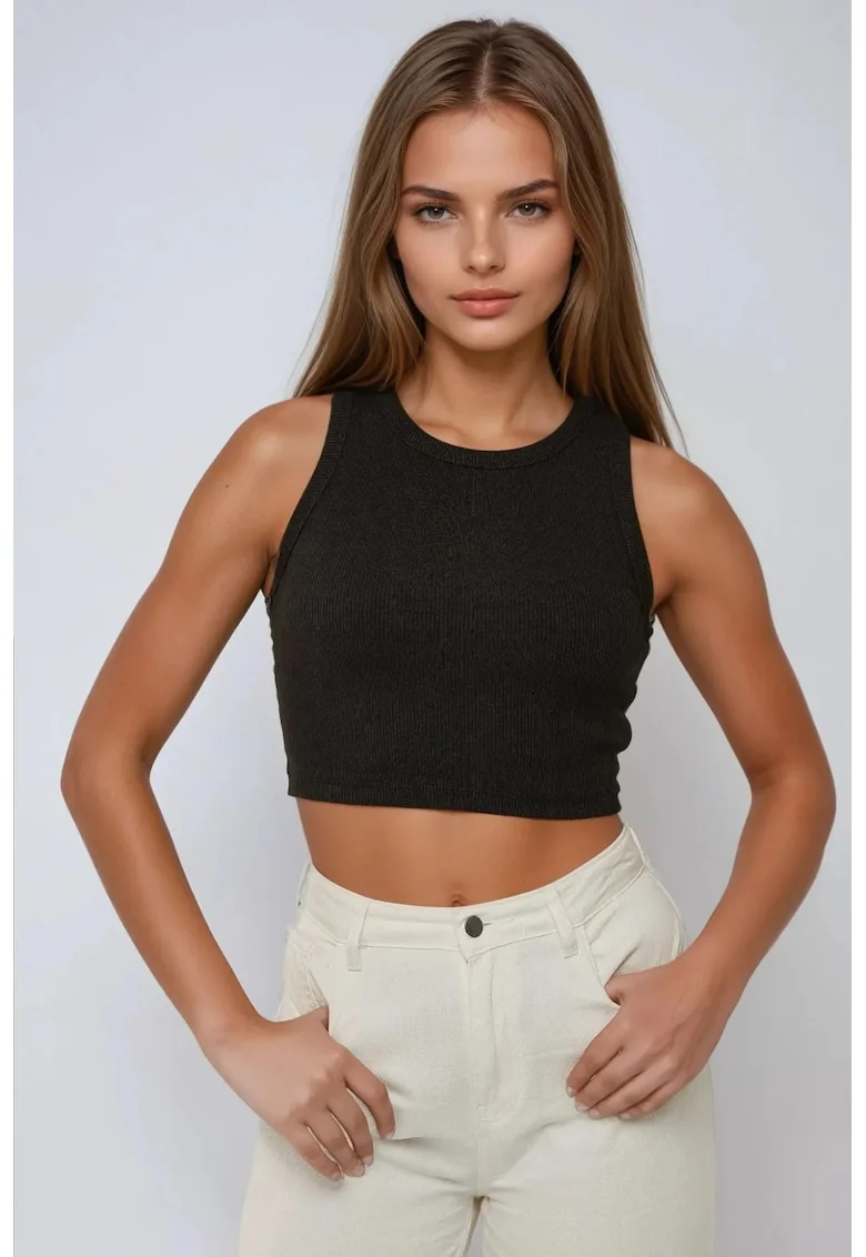 Maiou Crop  tricotat, decolteu halter, negru, bumbac