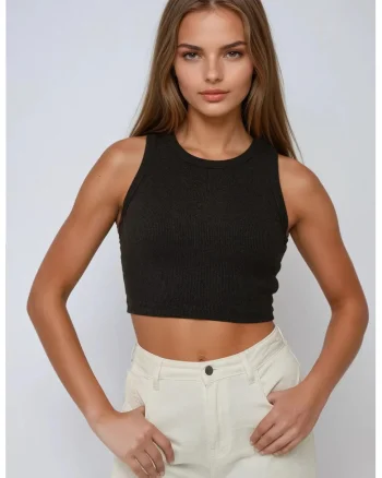 Maiou Crop  tricotat, decolteu halter, negru, bumbac