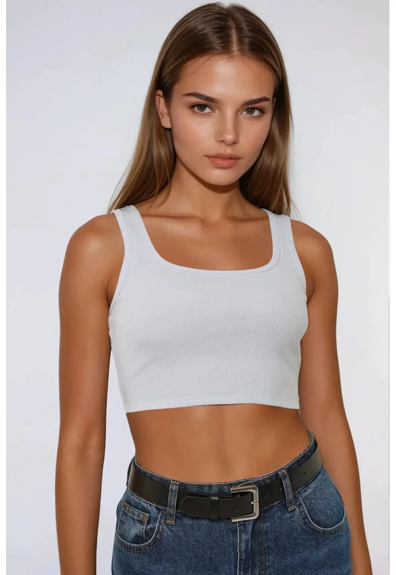 Maiou Crop,  guler rotund, alb, bumbac