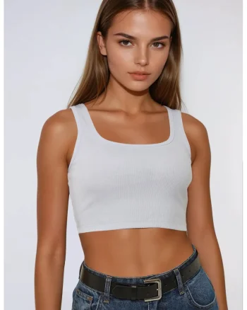 Maiou Crop,  guler rotund, alb, bumbac