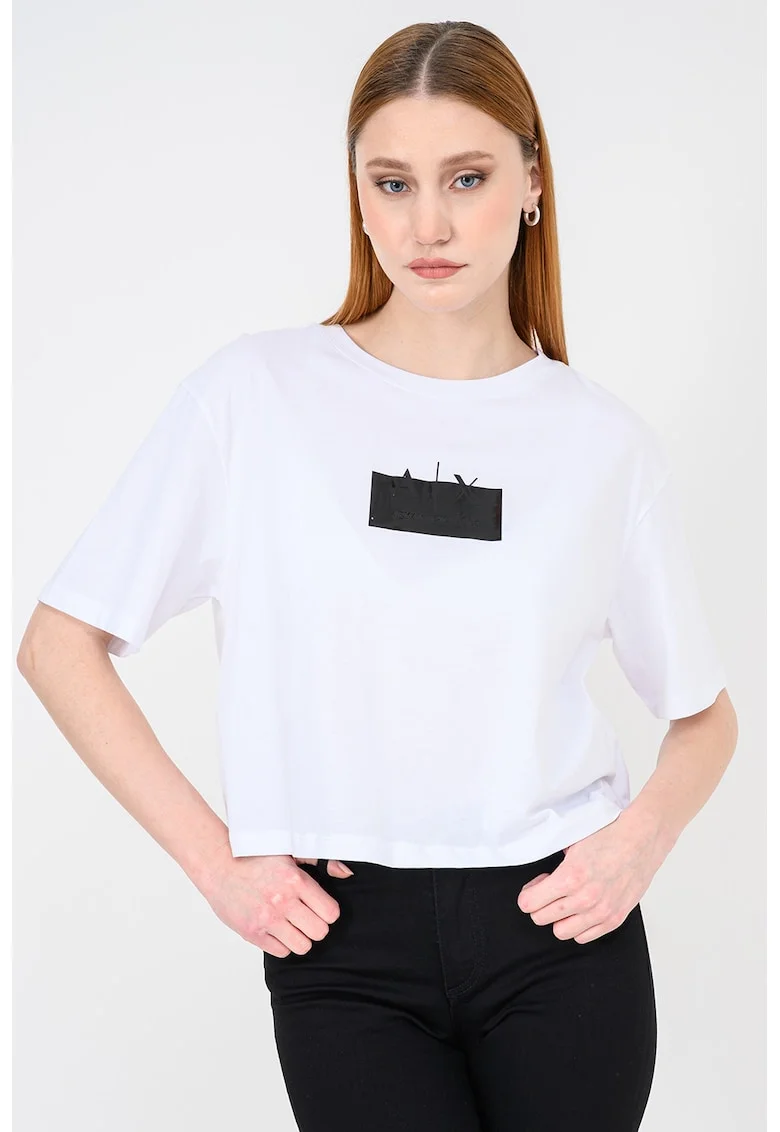 Tricou crop de bumbac cu imprimeu logo, Negru/Alb optic