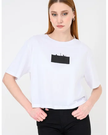 Tricou crop de bumbac cu imprimeu logo, Negru/Alb optic